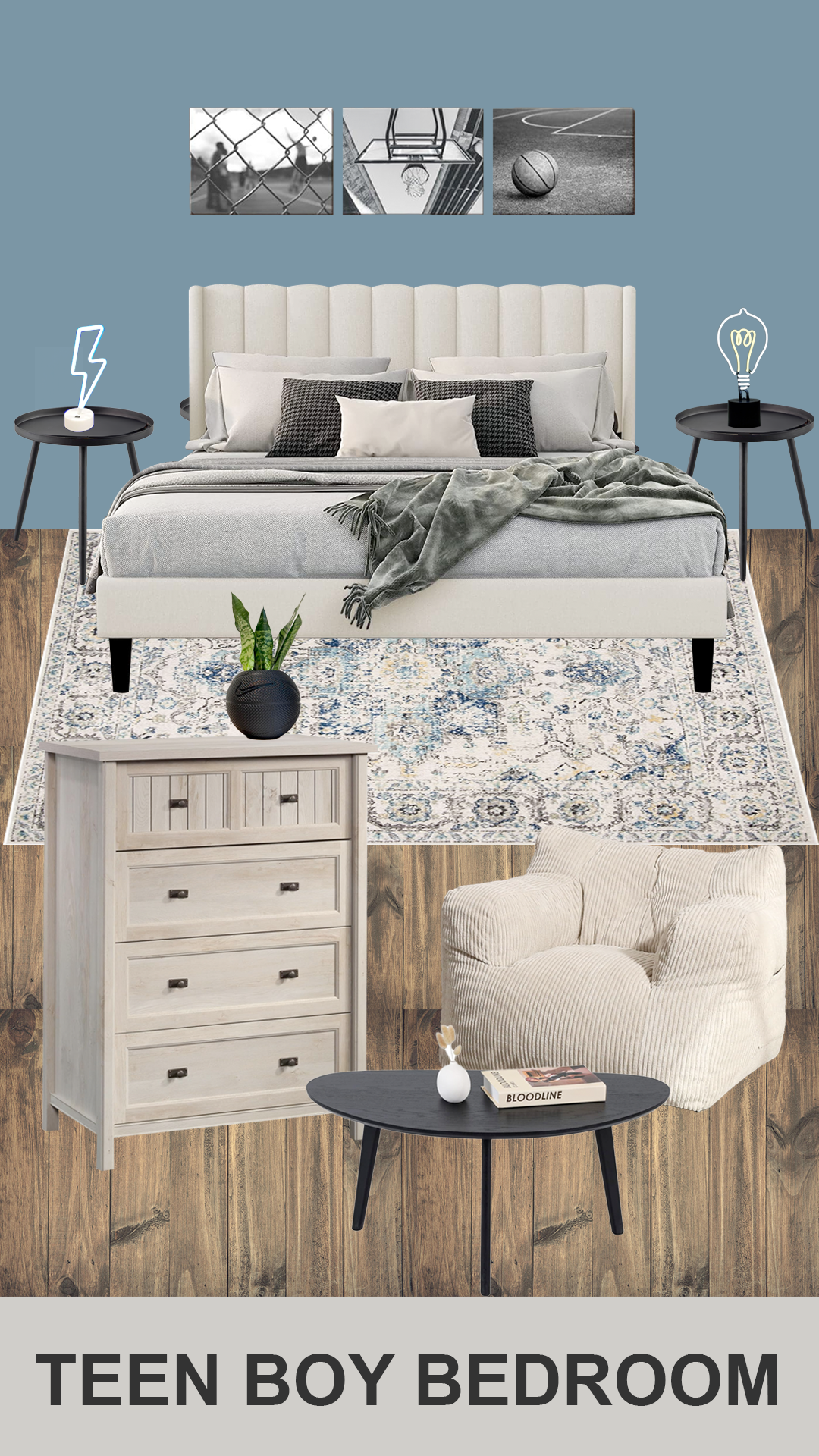 Modern Teen Boy Bedroom (Beige, Black & Blue)